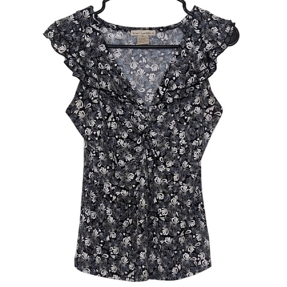 Susan Lawrence Tops - Susan Lawrence Womens Medium Black Knot Front V Neck Frilly Sleeve Short Sleeve‎